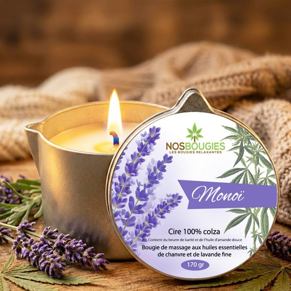 Bougie de massage parfumée au monoï pour une détente profonde.